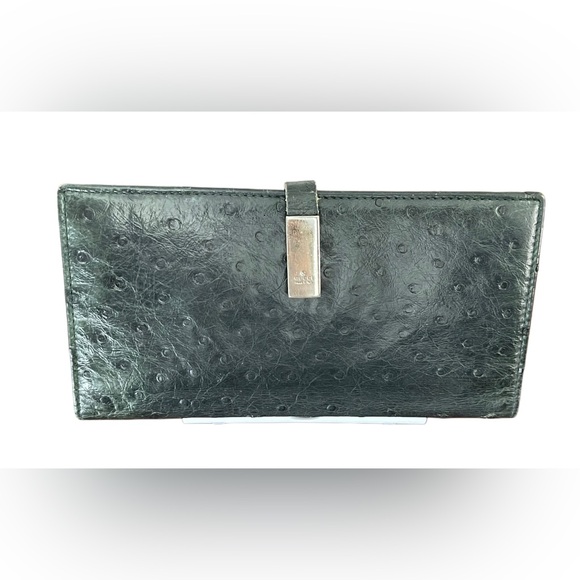 Vintage Gucci Ostrich Leather Dark Green Long Bifold Wallet Auth - Picture 1 of 16